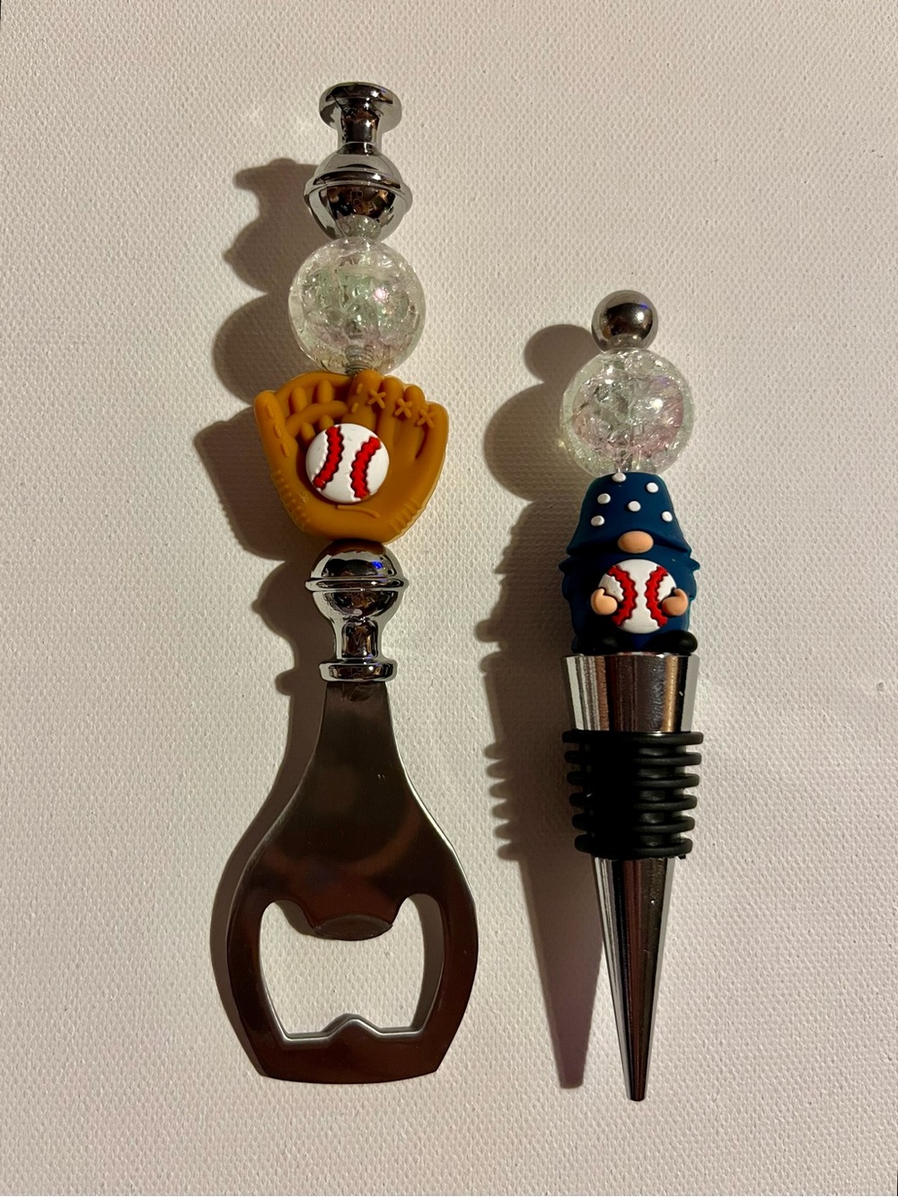 Baseball Themed Bottle Opener and Wine Stopper Set w/Iridescent Crackle Bead